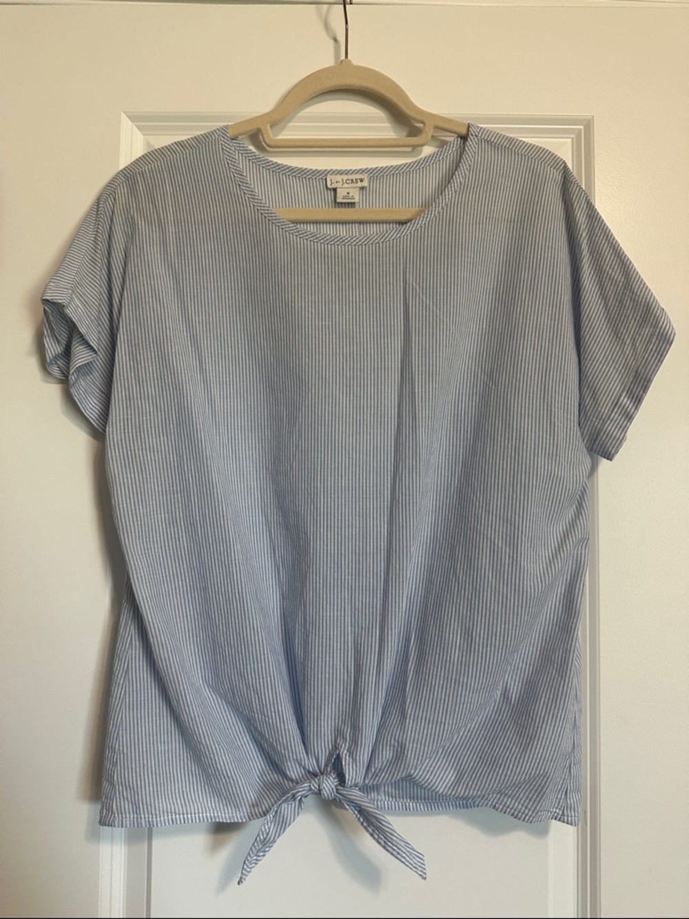 J. Crew Blue Pinstripe Tie-Front Short Sleeve Tee